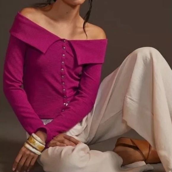 NWT Anthropologie Size L Maeve Off-The-Shoulder Buttondown Top Purple - Picture 1 of 5